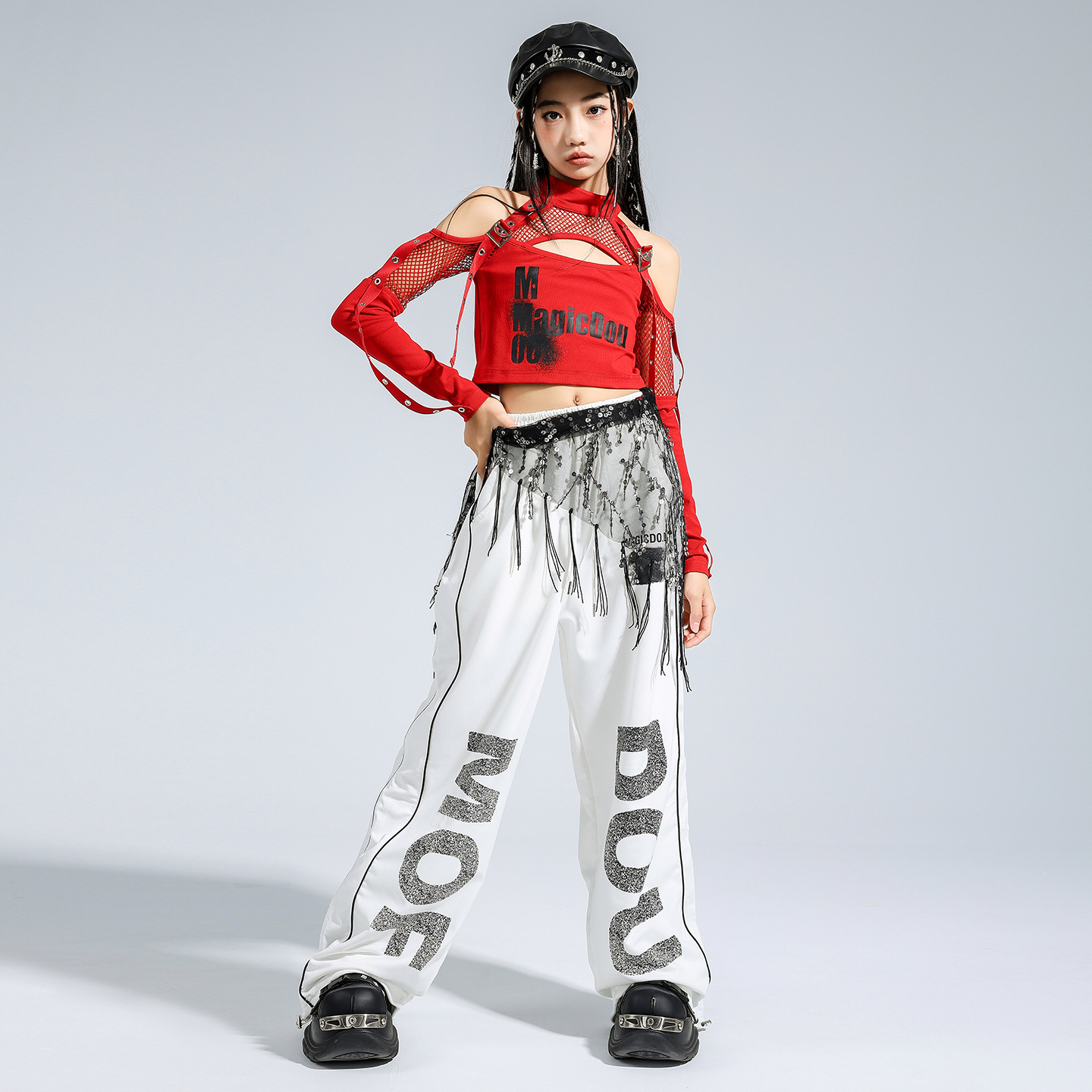 Friendly4kidชุดเต้นเด็กชาย/หญิง set เสื้อ+กางเกง สีดำ-แดงสไตล์สตรีทแดนซ์