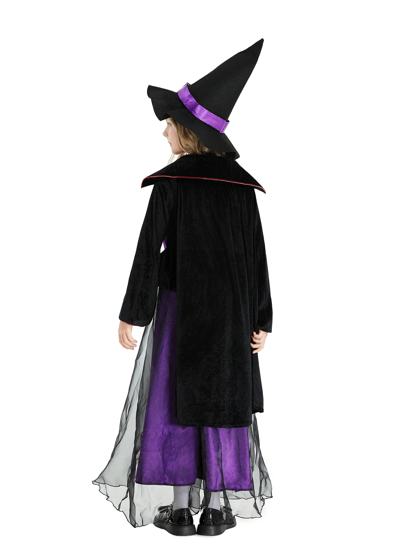 พร้อมส่ง ชุดฮาโลวีน เดรสแม่มด สีม่วง+ผ้าคลุม+หมวก ปลอกแขน