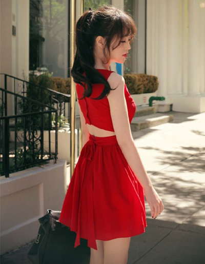 ชุดเดรสแฟชั่น แขนกุด สไตล์แบรนด์ดัง รหัส 1285-สีแดง