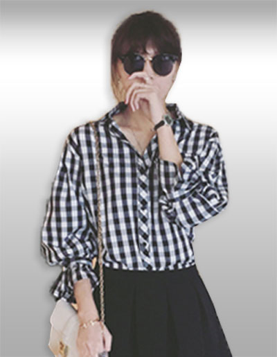 เสื้อแฟชั่นคอปกลายสก็อตแขนแต่งสายรัดแบบเรียบหรู รหัส2116