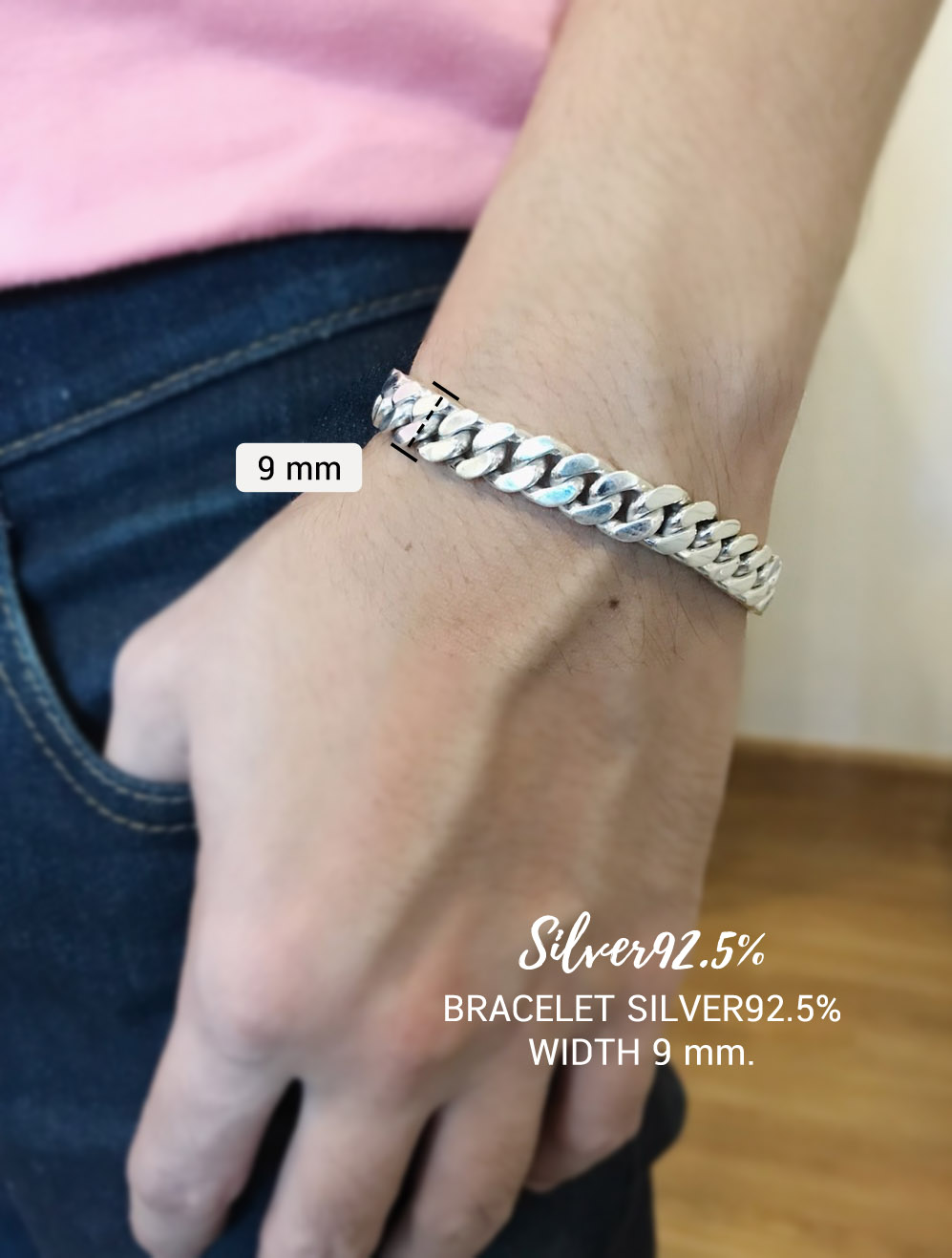สร้อยข้อมือเงินแท้92.5% ลายเลสแบน สร้อยกว้าง 8-9mm. หนัก 2-3 บาทตัน ยาว 7-8 นิ้ว(งานไทย)