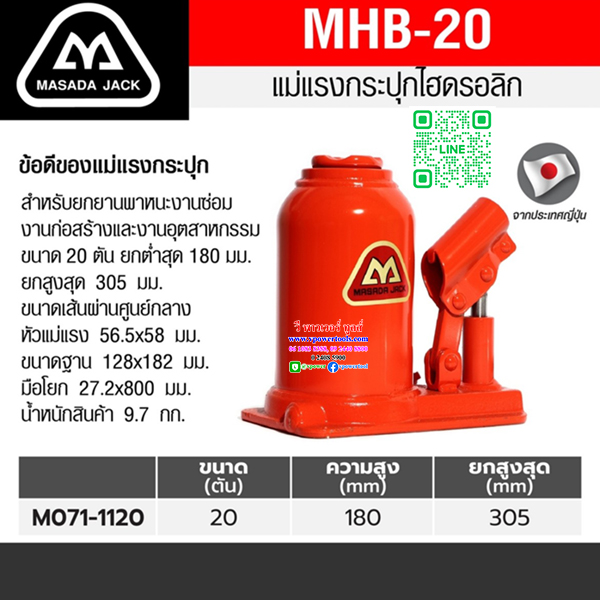 MASADA MHB-20 แม่แรงกระปุก ไฮดรอลิก จากญี่ปุ่นแท้ 20ตัน ตัวเตี้ย
