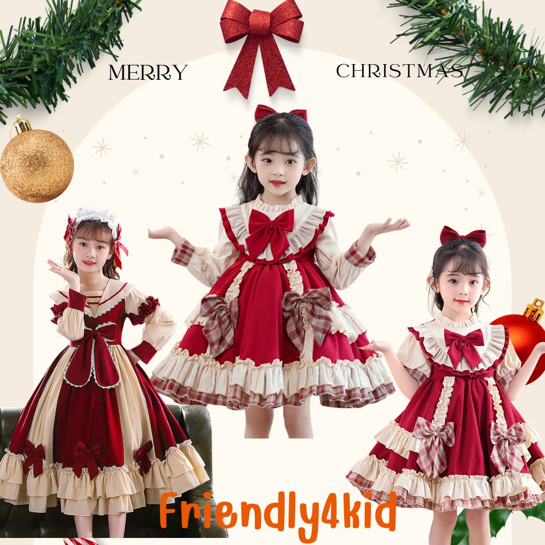 friendly4kid พร้อมส่ง ชุดคริสมาสต์ เดรสแขนยาวกระโปรงระบายแต่งติดโบว์