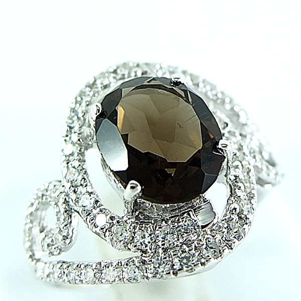 แหวนเงินแท้ราคาถูกชุบทองคำขาว พลอยแท้สโมกกี้ควอทซ์ 3.15 กะรัต เพชรCZ 0.74 กะรัต งานประณีตสวยงาม สั่งผลิตค่ะ