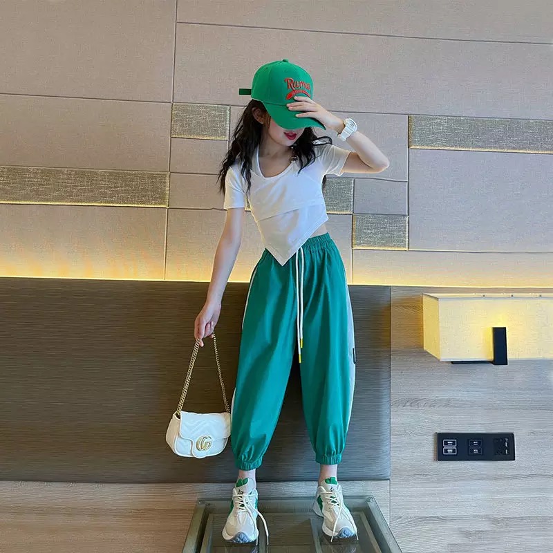 ชุดเต้น ชุดฮิปฮอป เซ็ตสีเสื้อแขนสั้น+กางเกงวอร์ม