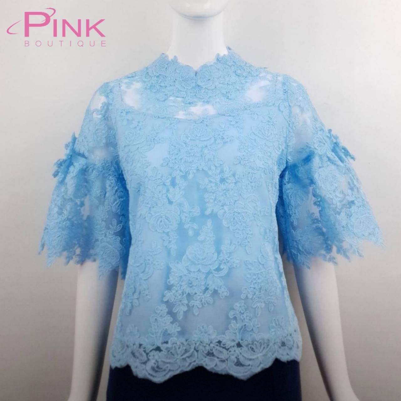 เสื้อลูกไม้สีฟ้า ลูกไม้ฝรั่งเศส แบรนด์พิ้งค์บูติค