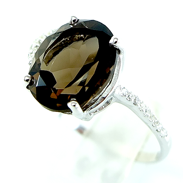 แหวนเงินแท้ราคาถูกชุบทองคำขาว พลอยแท้สโมกกี้ควอทซ์ 3.15 กะรัต เพชรCZ 0.182 กะรัต งานประณีตสวยงาม สั่งผลิตค่ะ