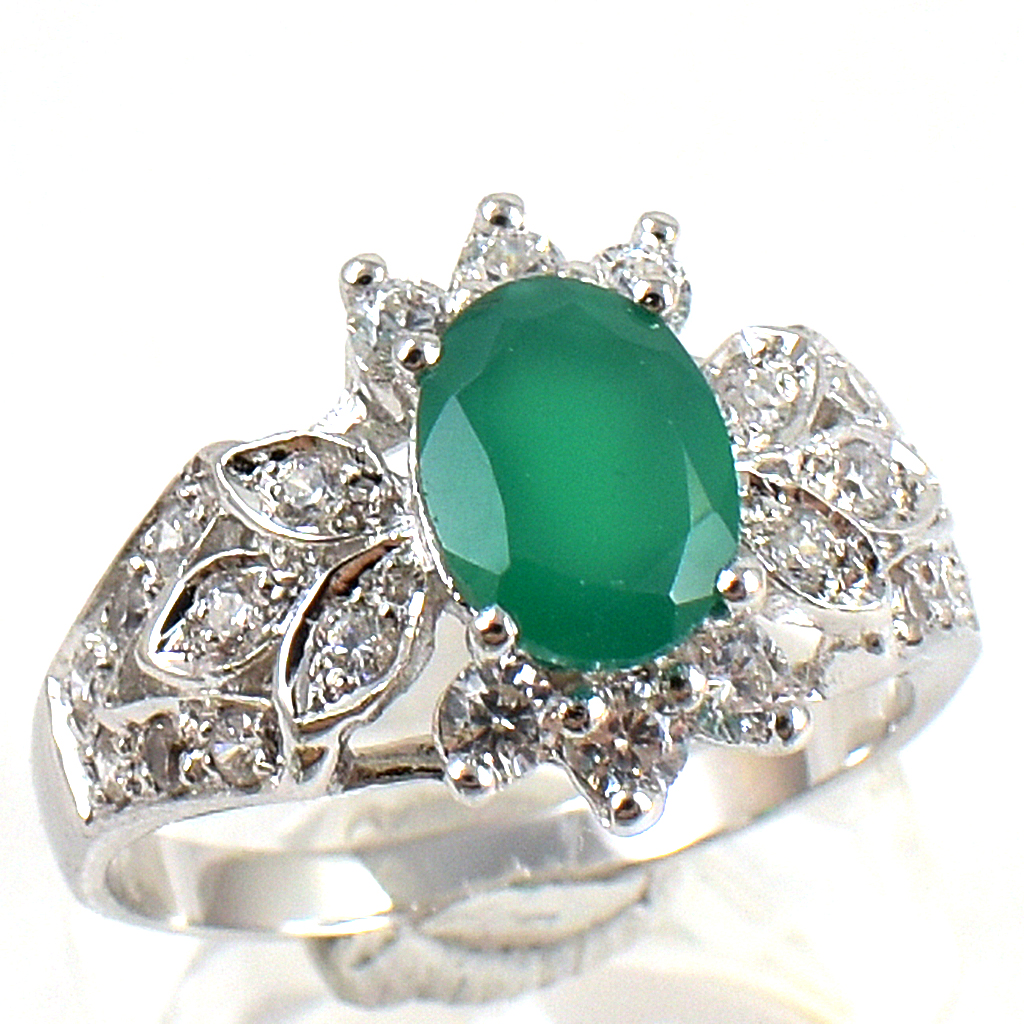 แหวนเงินแท้ราคาถูกชุบทองคำขาว พลอยแท้กรีนอะเกท 1.25 กะรัต เพชรCZ 0.27 กะรัต งานประณีตสวยงาม สั่งผลิตค่ะ