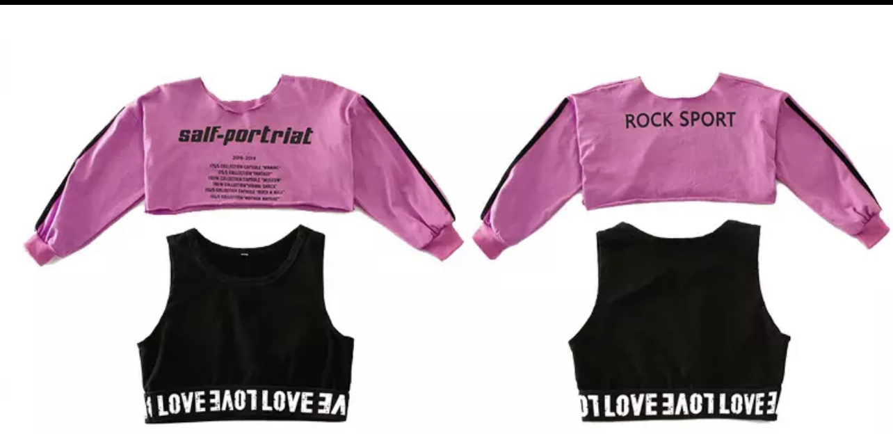 ชุดเต้น ชุดแดนซ์ เสื้อแขนยาวสีม่วง+ครอปตัวใน+กางเกงขายาว ลายทหาร