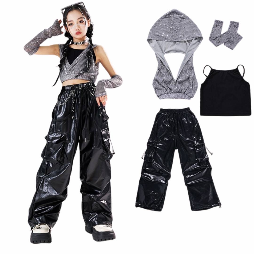 friendly4kid พร้อมส่ง ชุดเต้น เซ็ตเสื้อกั๊กดำ +กางเกงขายาว/กระโปรง hiphop jazzdance