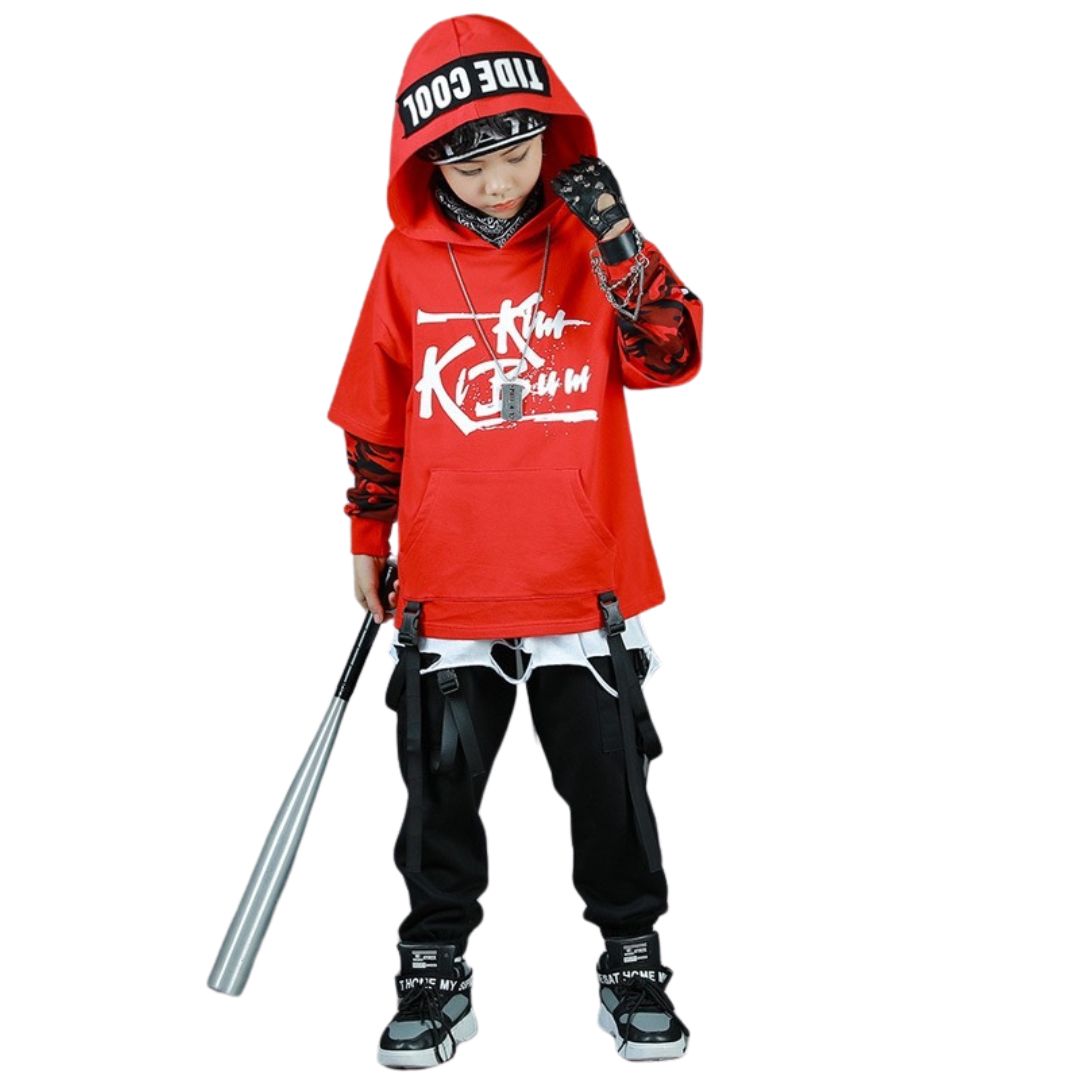 ชุดเต้น ชุดฮิปฮอป เสื้อสีแดง+กางเกงวอร์มสีขาว/ดำ อักษรจีน+ที่คาดหัว