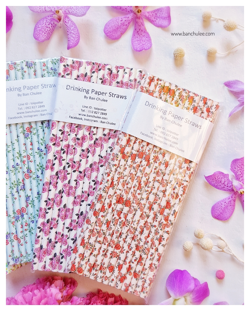 Floral Pattern Paper Straws หลอดกระดาษ ใช้สำหรับดื่มน้ำ