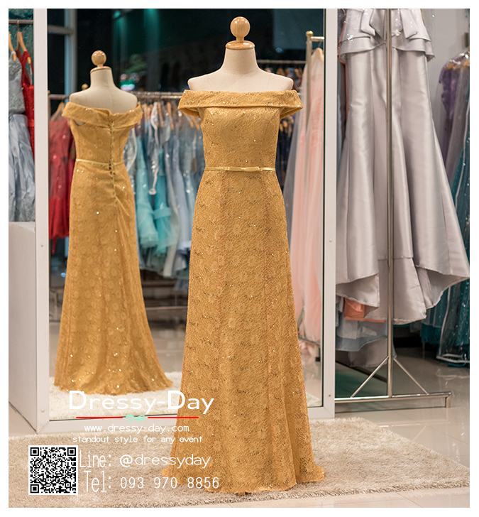 รหัส ชุดราตรีราตรีคนอ้วน : PFL024 ชุดราตรียาวสีทอง มีแขนปาดไหล่ ชุดไปงานแต่งตกแต่งด้วยผ้าลูกไม้ปักกริตเตอร์ ประดับโบว์ช่วงเอวของชุดราตรี สวยแบบเจ้าหญิง ดูดีแบบนางฟ้า ใส่ออกงาน ไปงานแต่งงาน งานเลี้ยง งานประกวด งานรับรางวัล งานกาล่าดินเนอร์ งานพรอม