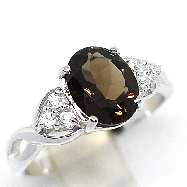 แหวนเงินแท้ราคาถูกชุบทองคำขาว พลอยแท้สโมกกี้ควอทซ์ 1.70 กะรัต เพชรCZ 0.15 กะรัต งานประณีตสวยงาม สั่งผลิตค่ะ