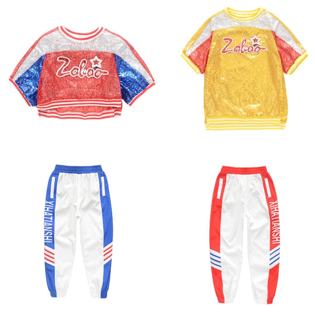 พร้อมส่ง ชุดเต้น ชุดแดนซ์ เซ็ต ปักเลื่อม แดง-ทอง เซ็ต 2 ขิ้น