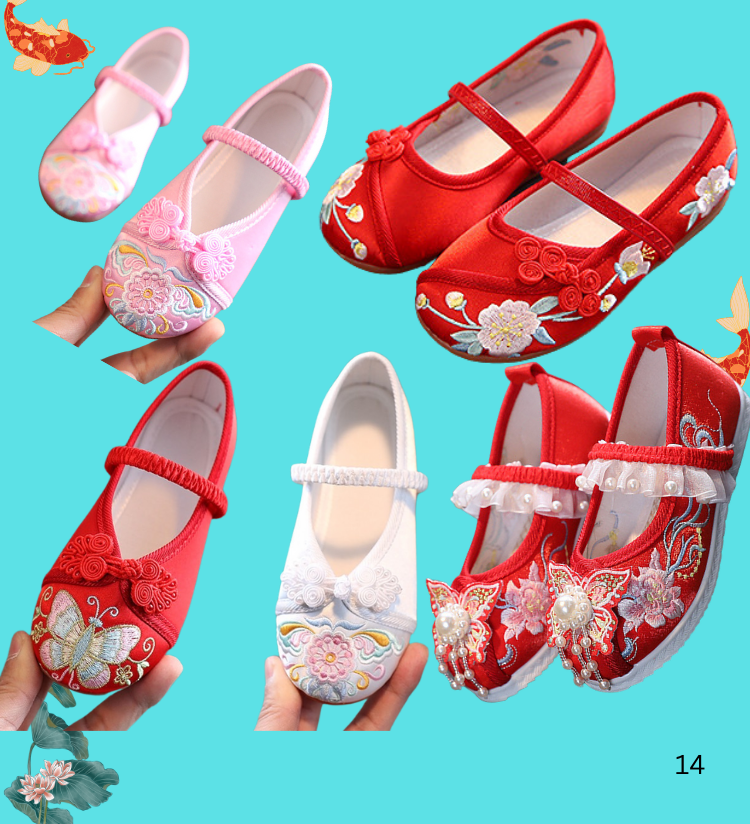 พร้อมส่ง รองเท้าจีนเด็ก ปักลาย ผีเสื้อ สีขาว แดง