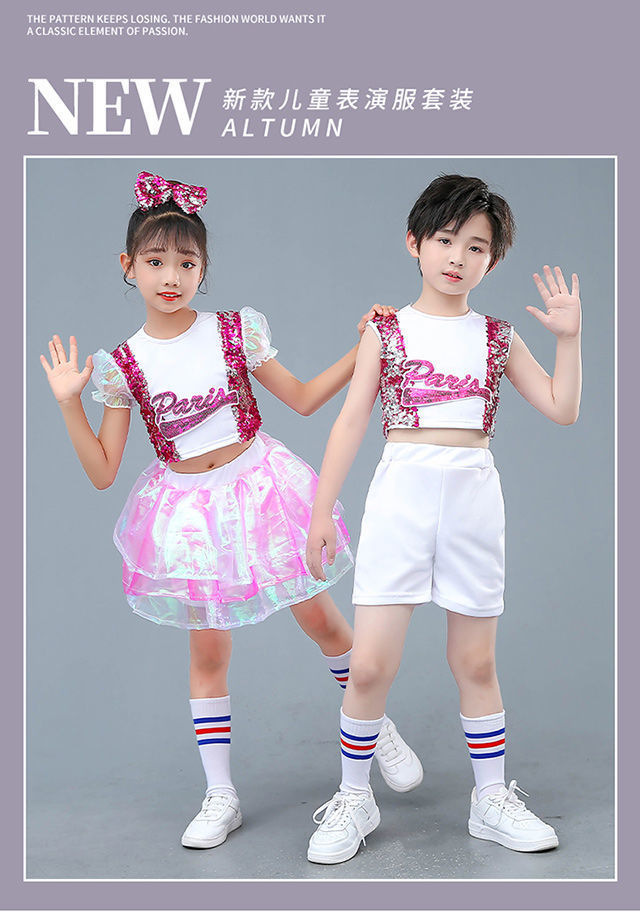 พร้อมส่ง ชุดเต้น ชุดฮิปฮอป เสื้อสีชมพู กระโปรงผ้าแก้วชมพูวิ้ง