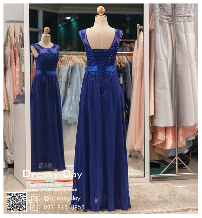 รหัส ชุดราตรี : BB002 ชุดราตรียาวผ้าชีฟองหรู เดรสออกงานประดับลูกไม้และกริตเตอร์ ชุดไปงานแต่งซีทรูช่วงหน้าอก ชุดแซก ชุดเพื่อนเจ้าสาว สีน้ำเงิน