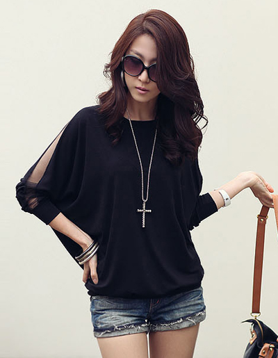 เสื้อยืดทรงค้างคาวแต่งผ้าตาข่าย สวยน่ารักสไตล์เกาหลี-1506-สีดำ