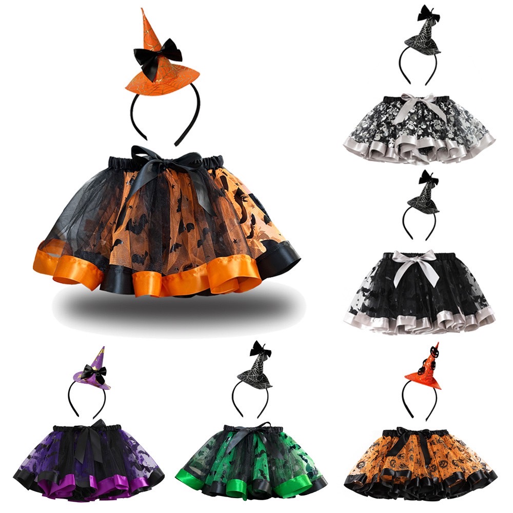 friendly4kid พร้อมส่ง ฮาโลวีน เสื้อยืดดำ / กระโปรงระบายแต่งโบว์เอว พร้อมที่คาดผม