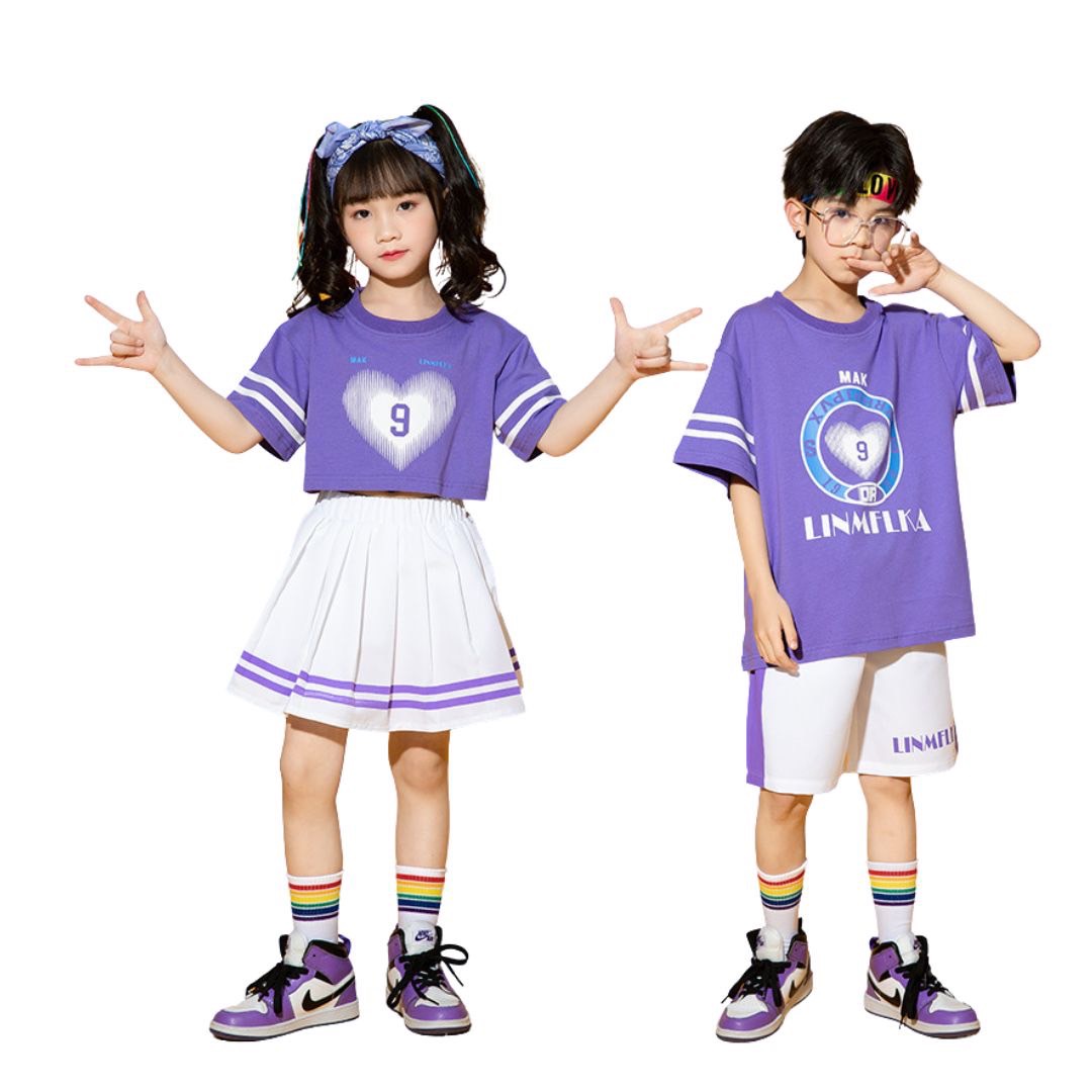 ชุดเต้น ชุดแดนซ์ เซ็ตเสื้อสีม่วง/ขาว+กางเกงขาสั้น/กระโปรง