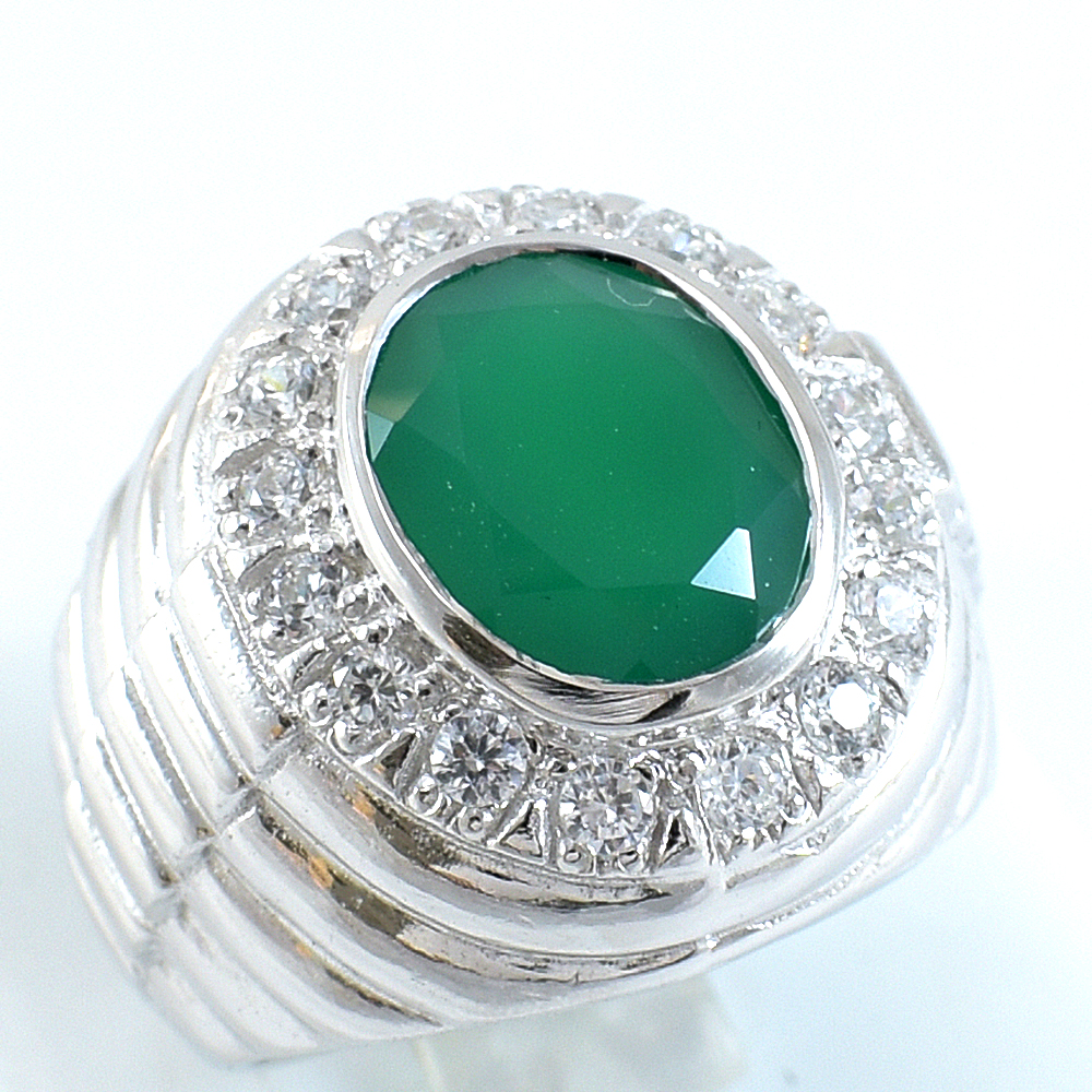 แหวนเงินแท้ราคาถูกชุบทองคำขาว พลอยแท้กรีนอะเกท 6.0 กะรัต เพชรCZ 0.64 กะรัต งานประณีตสวยงาม สั่งผลิตค่ะ