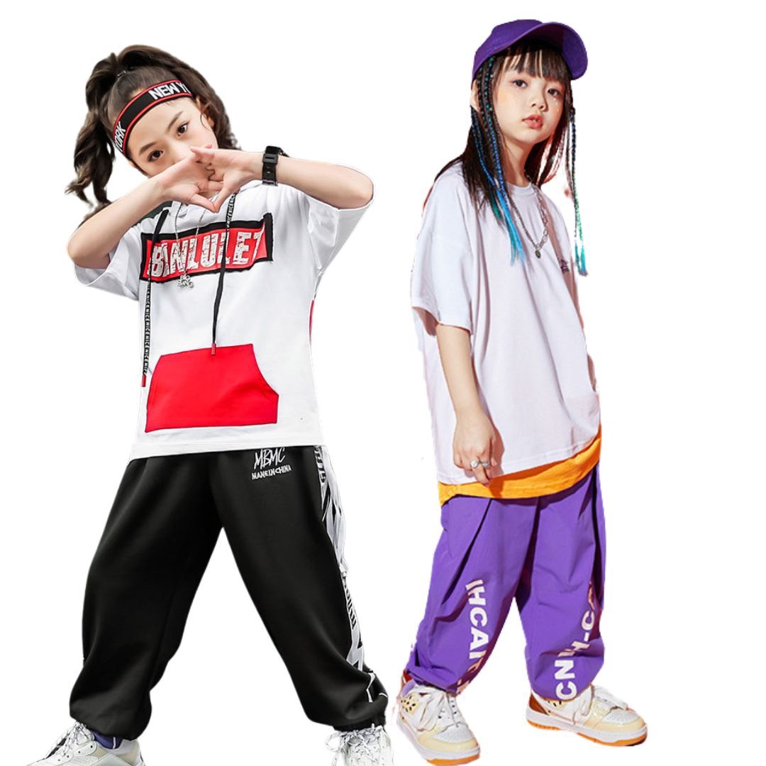 พร้อมส่ง ชุดเต้น Hiphop เสื้อฮูดขาวแต่งกระเป๋าหน้าแดง+กางเกงขายาว สีดำ