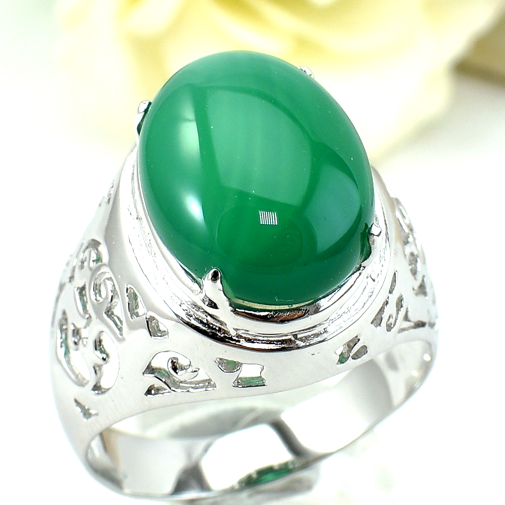 แหวนเงินแท้ราคาถูกชุบทองคำขาว พลอยแท้กรีนอะเกท 11.50 กะรัต งานประณีตสวยงาม สั่งผลิตค่ะ