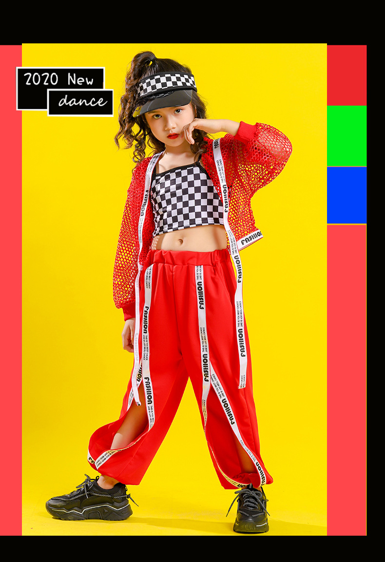 ชุดStreet Dance HIPHOP เสื้อตาข่ายแดง+เสื้อลำลอง+กางเกง