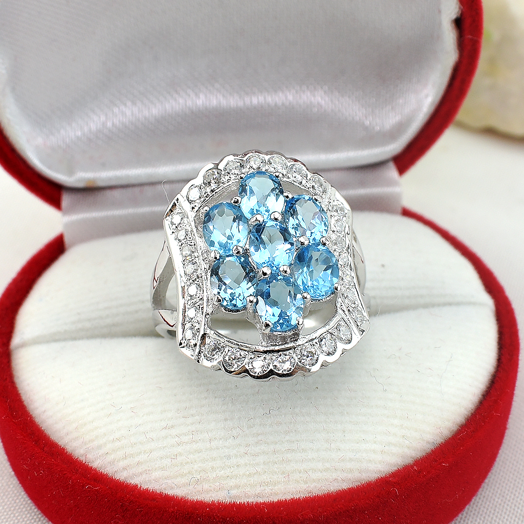 แหวนเงินแท้ราคาถูกชุบทองคำขาว สวิสบลูโทปาซแท้ 3.50 กะรัต เพชรCZ 0.28 กะรัต งานประณีตสวยงาม สั่งผลิตค่ะ