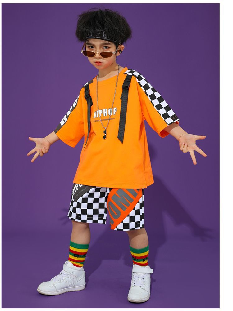 พร้อมส่ง ชุดเต้น ชุดเชียร์เด็ก เซ็ตสีส้ม ลายสก๊อต สีส้ม ชุดกีฬา สปอร์ต