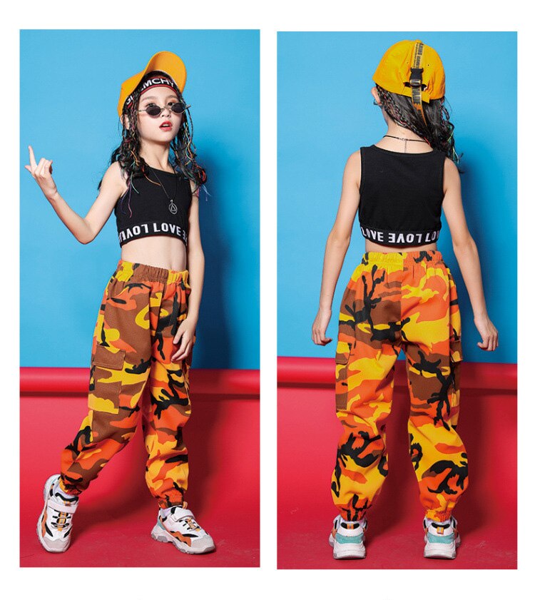 ชุดแดนซ์เซอร์ เสื้อสีดำ-กางเกงลายทหารสีส้ม