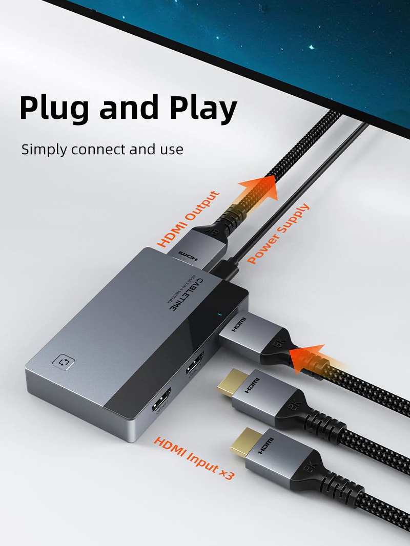 3 Port 4K60Hz HDMI Switch with IR Remote by Cabletime