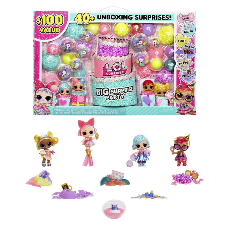 LOL Surprise Big Surprise Party, 4 Collectible Dolls, 6 Unboxing Experiences, Sand, Gel Crush, Shell Smash