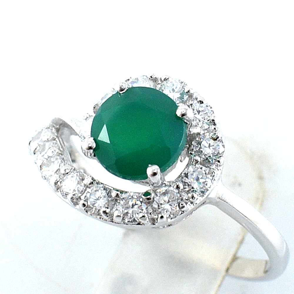 แหวนเงินแท้ราคาถูกชุบทองคำขาว พลอยแท้กรีนอะเกท 0.77 กะรัต เพชรCZ 0.48 กะรัต งานประณีตสวยงาม สั่งผลิตค่ะ