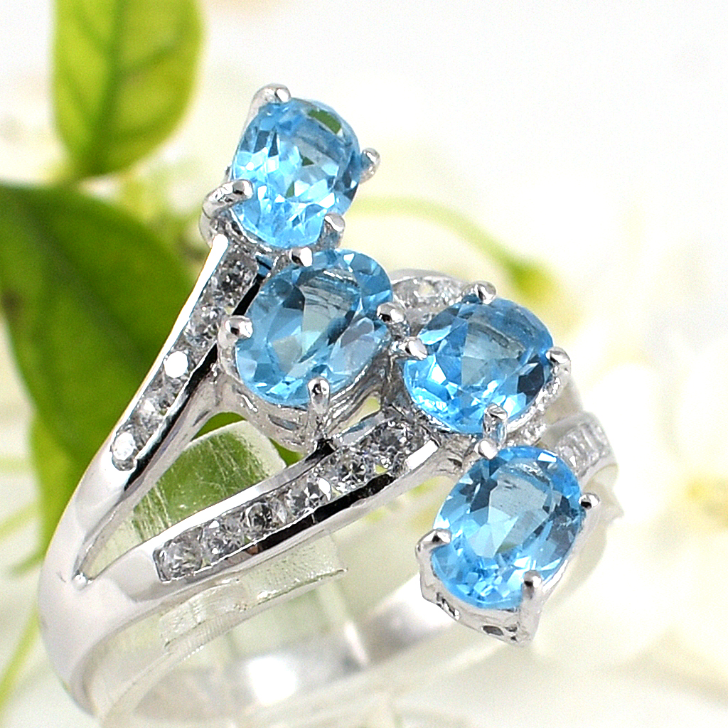 แหวนเงินแท้ราคาถูกชุบทองคำขาว สวิสบลูโทปาซแท้ 2.20 กะรัต เพชรCZ 0.33 กะรัต งานประณีตสวยงาม สั่งผลิตค่ะ