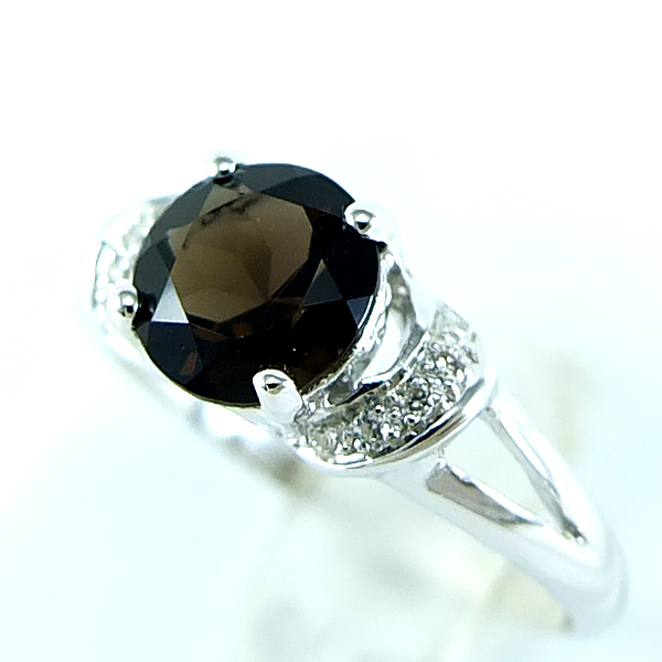 แหวนเงินแท้ราคาถูกชุบทองคำขาว พลอยแท้สโมกกี้ควอทซ์ 1.20 กะรัต เพชรCZ 0.07 กะรัต งานประณีตสวยงาม สั่งผลิตค่ะ