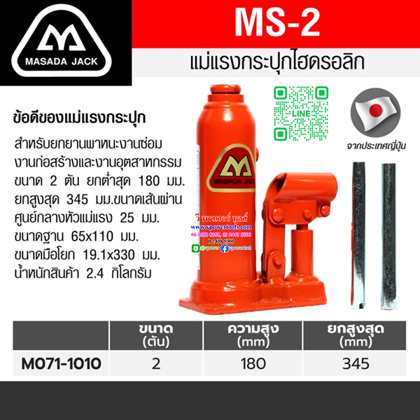 MASADA MS-2 แม่แรงกระปุก ไฮดรอลิก จากญี่ปุ่นแท้ 2ตัน