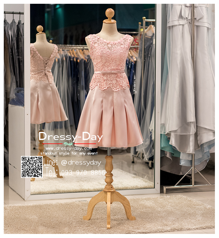 รหัส ชุดราตรีสั้น : BB039 ชุดแซก เดรสออกงานสั้นออกงานสีชมพู กระโปรงซาตินช่วงบนเป็นลูกไม้แขนกุดสวยๆ ประดับโบว์ที่เอว