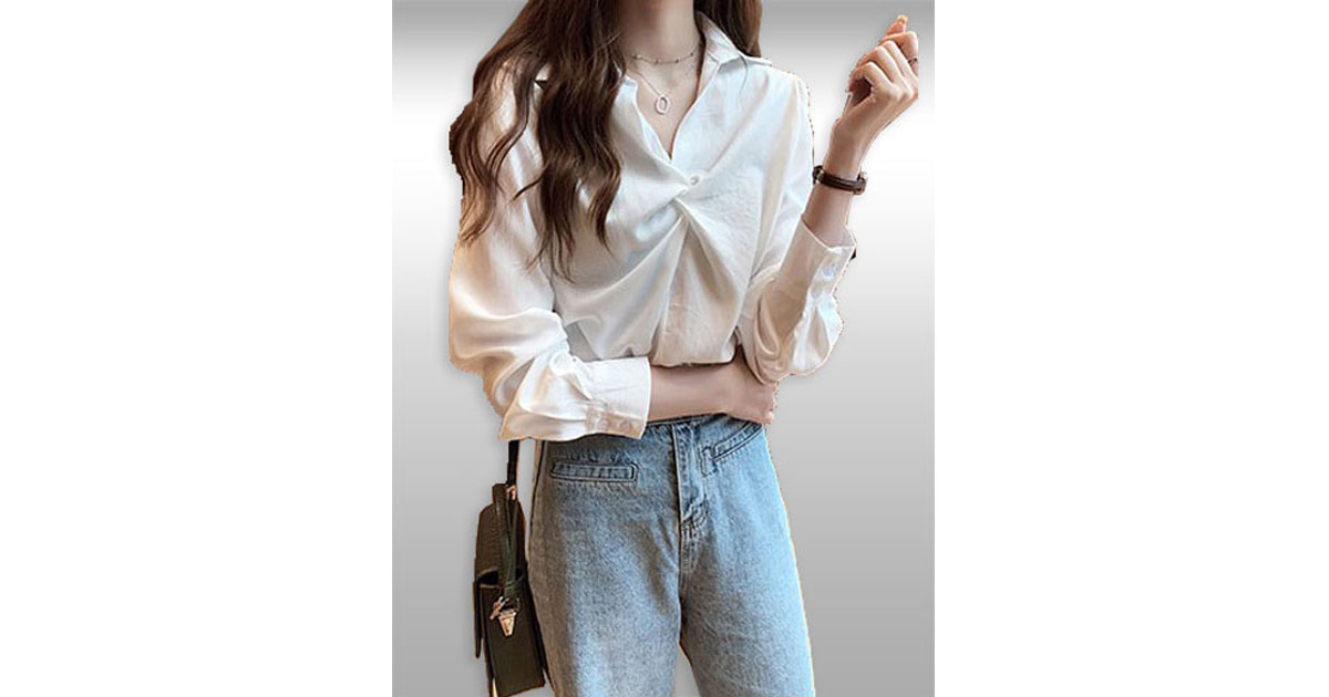 เสื้อแฟชั่นสีขาวคอวีแต่งปกสไตล์เรียบหรู รหัส2200