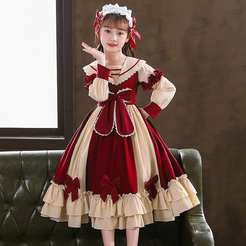 friendly4kid พร้อมส่ง ชุดคริสมาสต์ เดรสแขนยาวกระโปรงระบายแต่งติดโบว์