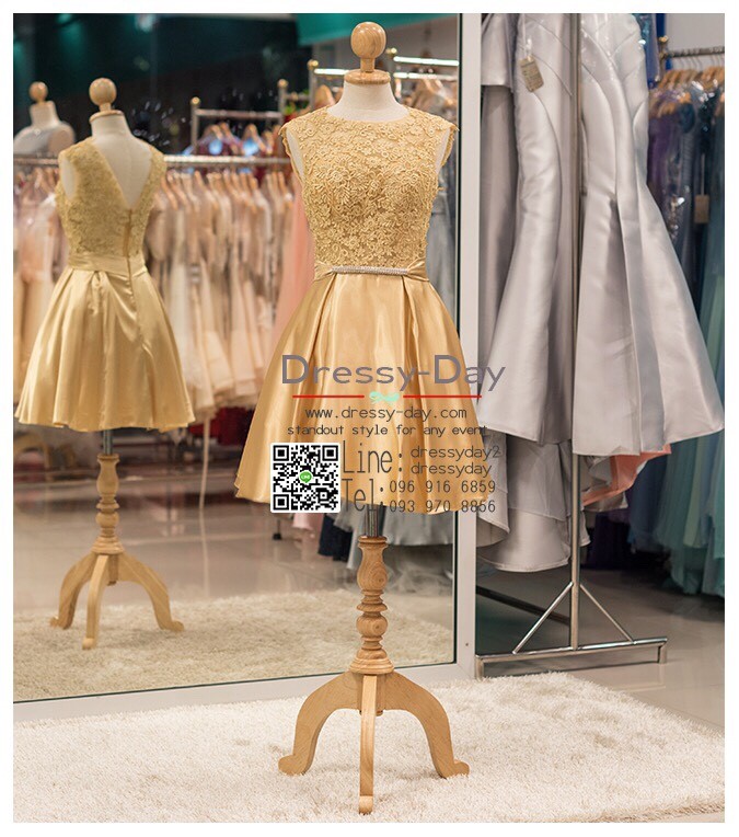 รหัส ชุดราตรี :PF104 ชุดราตรีสั้น เดรสออกงาน ชุดไปงานแต่งงาน ชุดแซก สวยด้วยลูกไม้ด้านบนและเรียบหรูด้วยผ้าซาติน