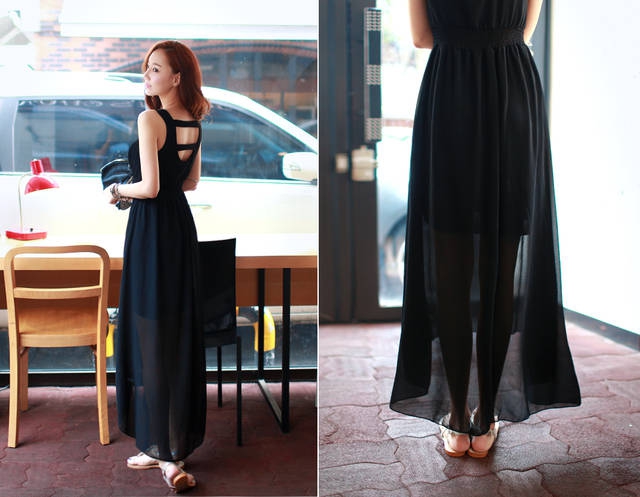 แม็กซี่เดรส เดรสยาวผ้าชีฟองสีดำอกซีทรูเว้าหลัง Black Elliot Maxi Dress