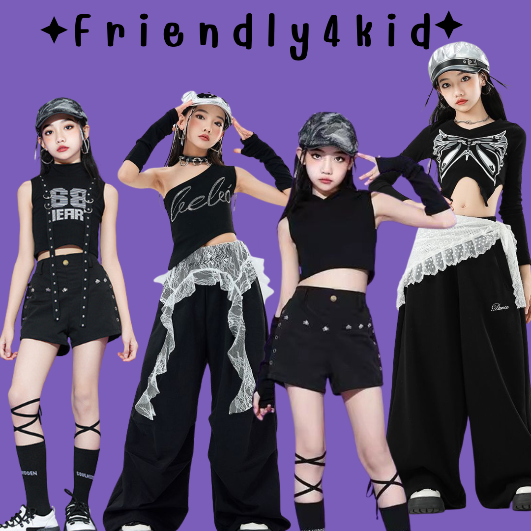 friendly4kid ชุดเต้น HipHop Kids Outfit ชุดเต้นเด็กแฟชั่นเกาหลี Jazz HipHop Costume โทนสีดำ
