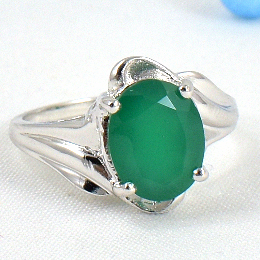 แหวนเงินแท้ราคาถูกชุบทองคำขาว พลอยแท้กรีนอะเกท 3.55 กะรัต งานประณีตสวยงาม สั่งผลิตค่ะ