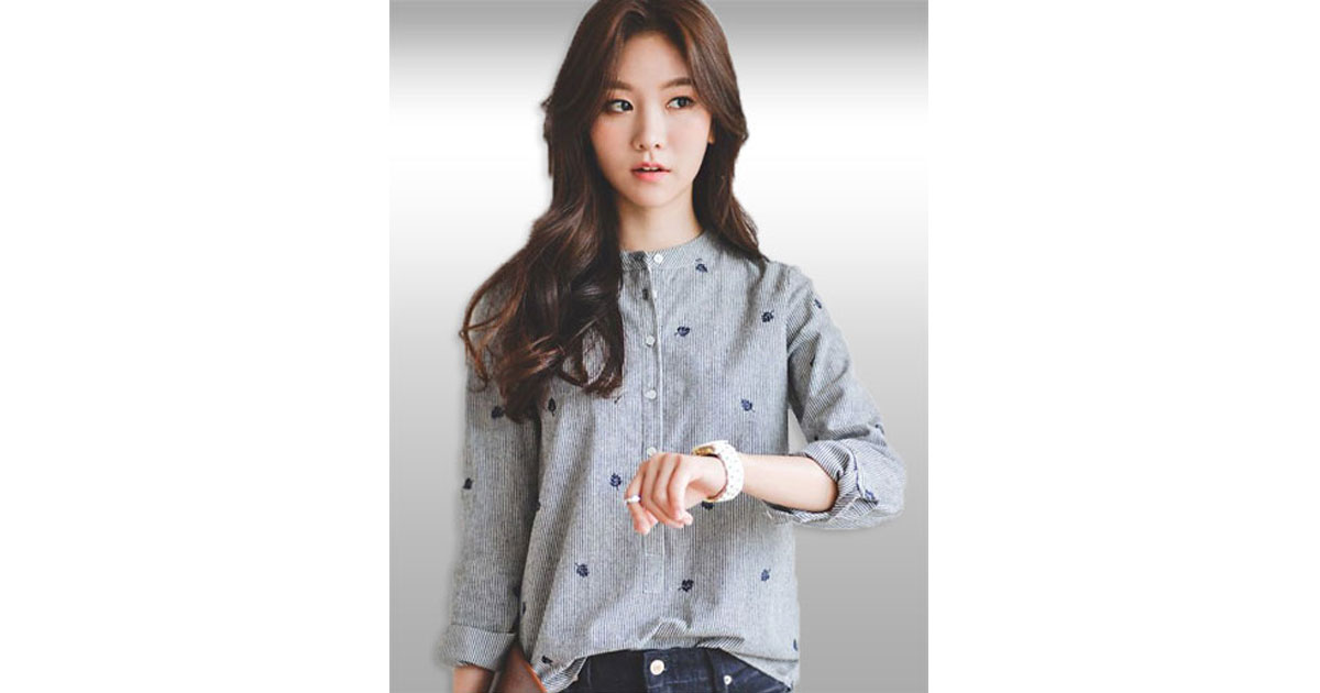 เสื้อเชิ๊ตแฟชั่นคอปิดแต่งลายริ้วสไตล์เกาหลี รหัส2302