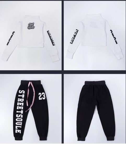 พร้อมส่ง ชุดเต้น ชุดฮิปฮอป สีขาวแขนยาวสีแดง+กางเกง