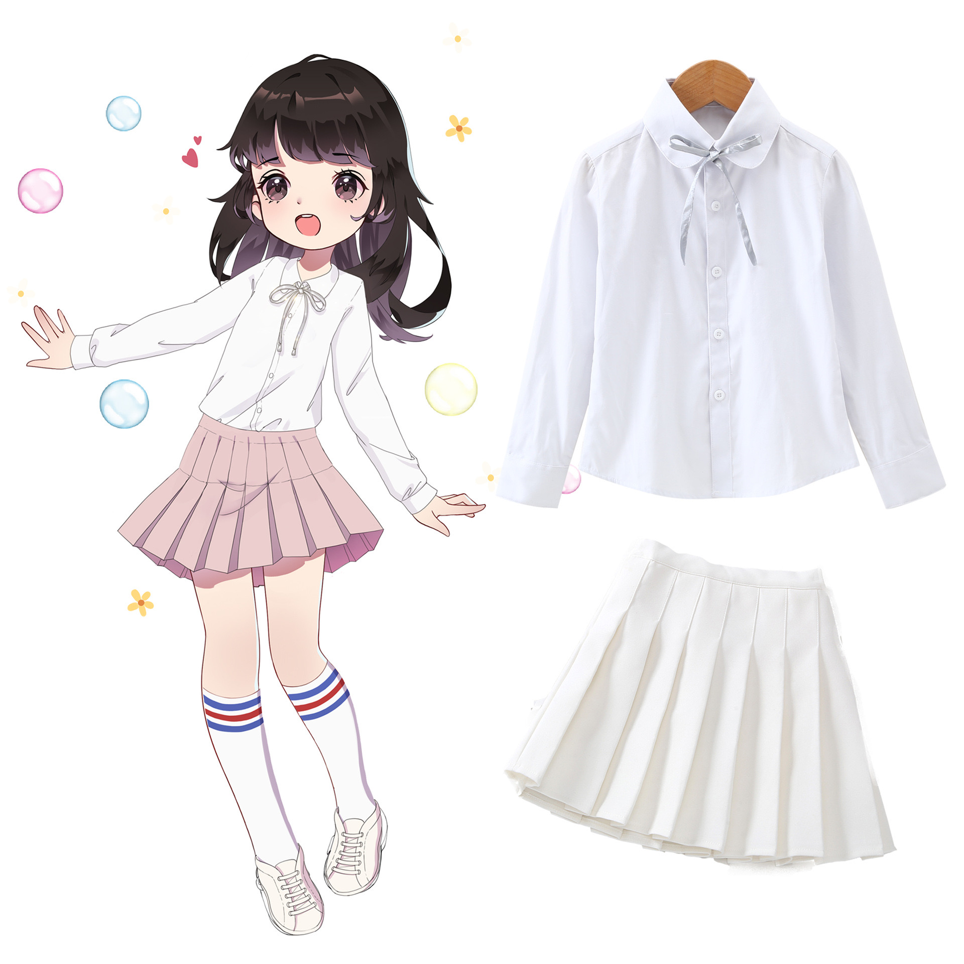 F กระโปรงเ ด็กอัดพลีท ทรงสั้น มีซับในกางเกง ลายพื้น เกรดคุณภาพ