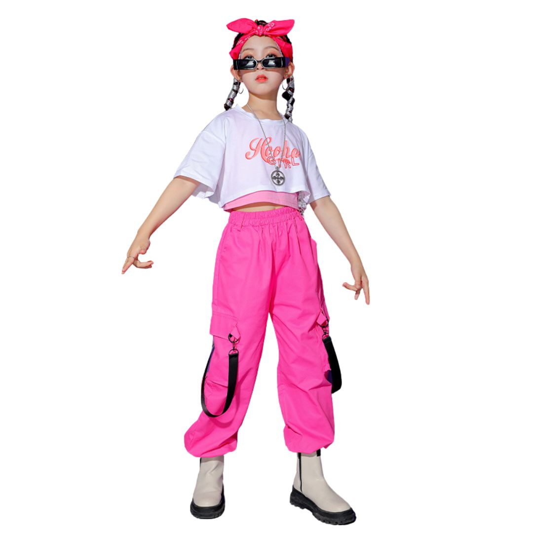 พร้อมส่ง ชุดเต้น ชุดแดนซ์ เสื้อสีขาว+กางเกงขายาว/กระโปรง สีชมพู