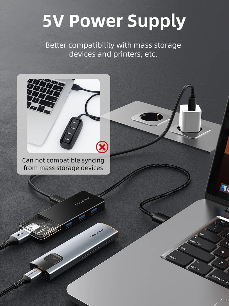 USB-A 3.0 to HUB USB-A 3.0 4Port with Power USB-C port สายยาว 1m by Cabletime